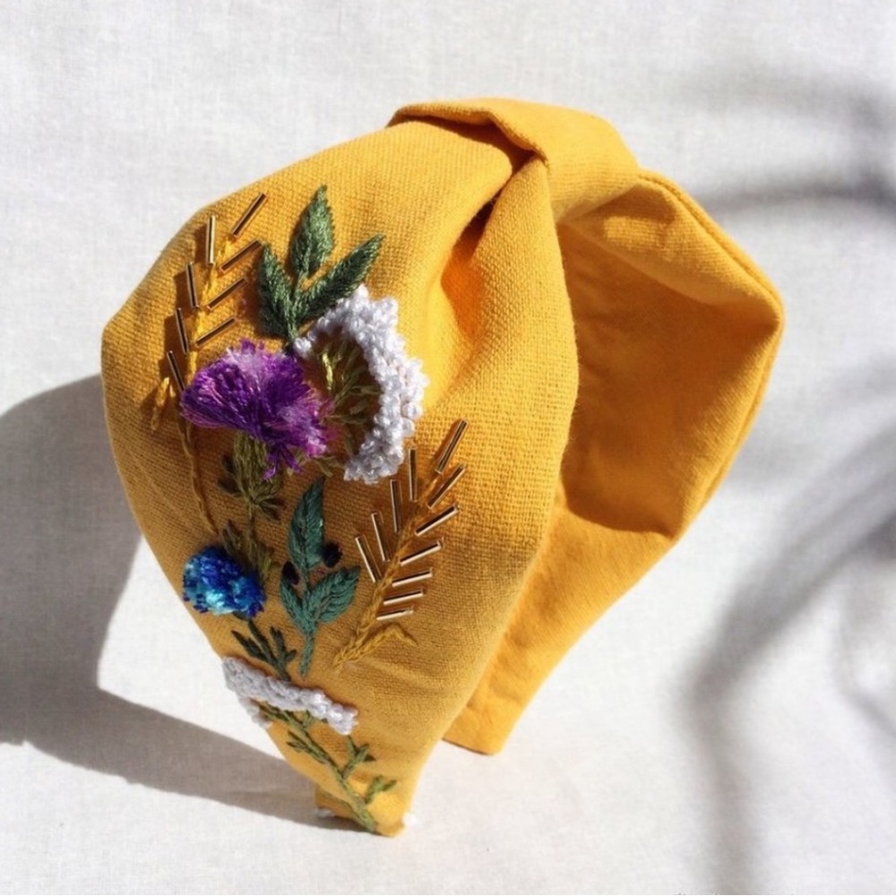 Beaded Flower Embroidery Yellow headband Hair Bangle Band Hoop Wreath